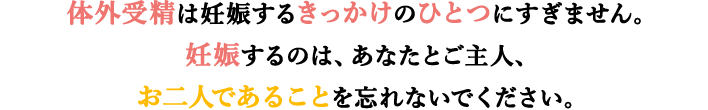 体外受精は妊娠するきっかけのひとつにすぎません。妊娠するのは、あなたとご主人、お二人であることを忘れないでください。